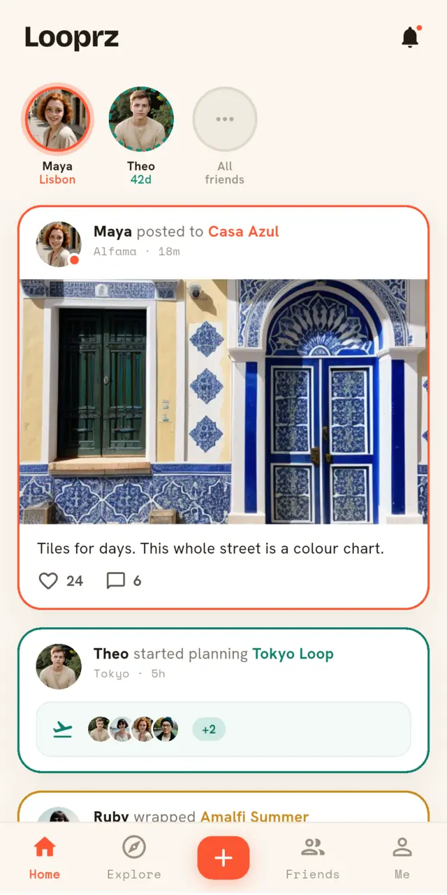 The Looprz home screen: Maya is looping in Lisbon, Theo is planning Tokyo